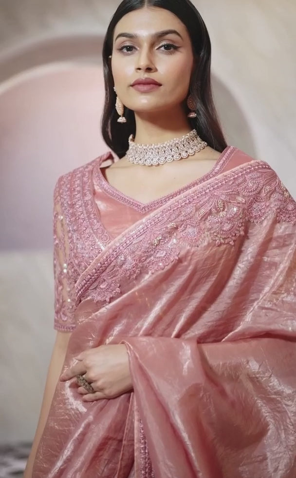 New Wedding Cocktail Onion Pink Saree With Blouse Piece