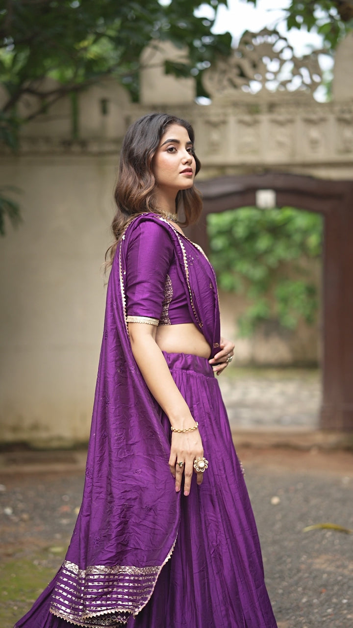 Dark Purple Pure Chanderi Plain With Zari Weaving Work Border Lehenga