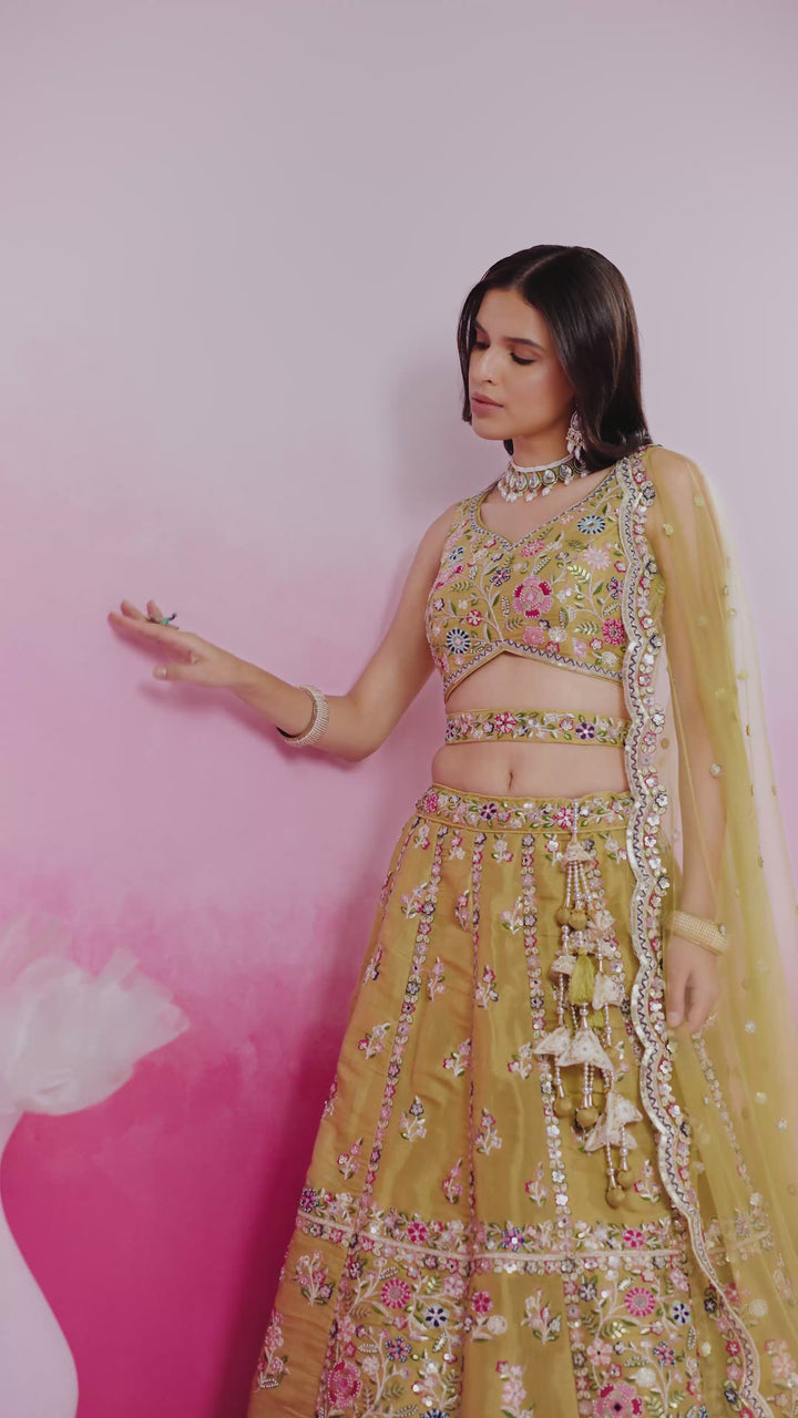 Mustard Bridel Net Moti, Sequins embroidery Semi-Stitched Bridel Lehenga choli & Dupatta