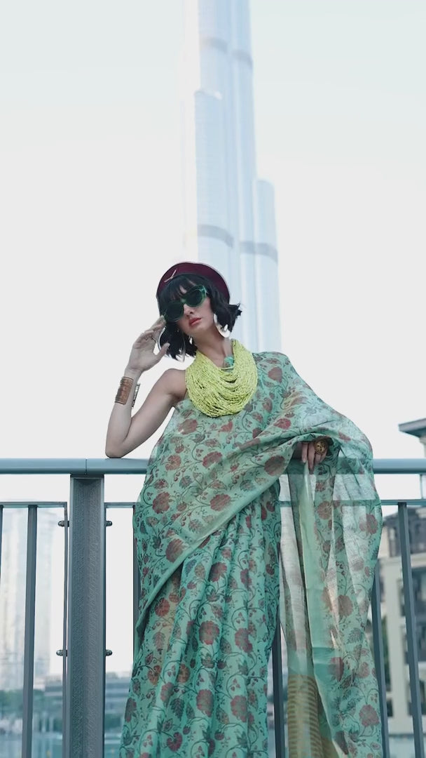 Green Zari Tissue Handwoven Printed Silk Saree