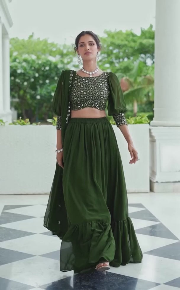 Green Pure Fox Georgette With Embroidery Work Lehenga