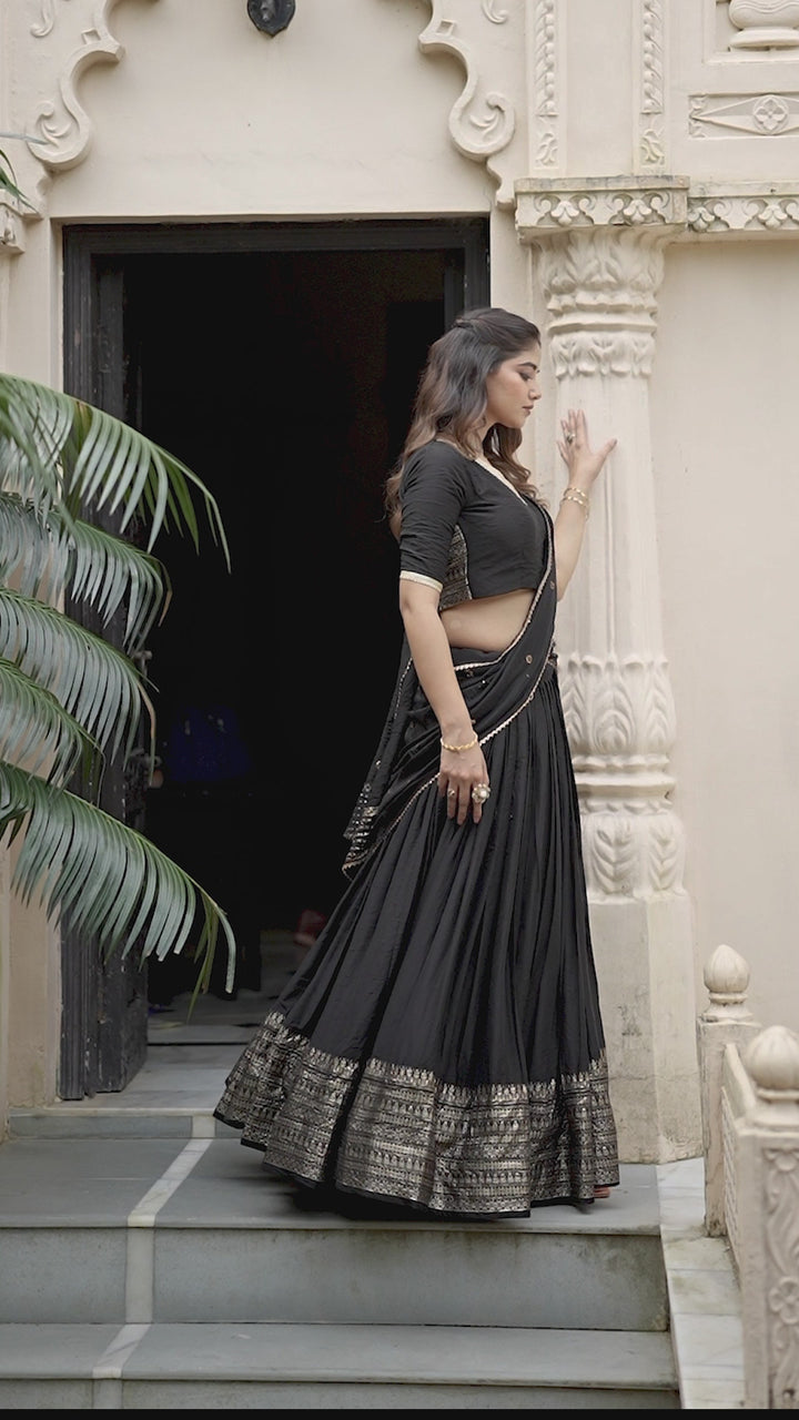 Black Pure Chanderi Plain With Zari Weaving Work Border Lehenga