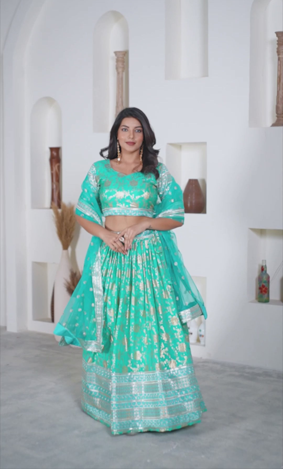 Beautiful Sea Green Zari Work Jacquard Reception Wear Lehenga Choli