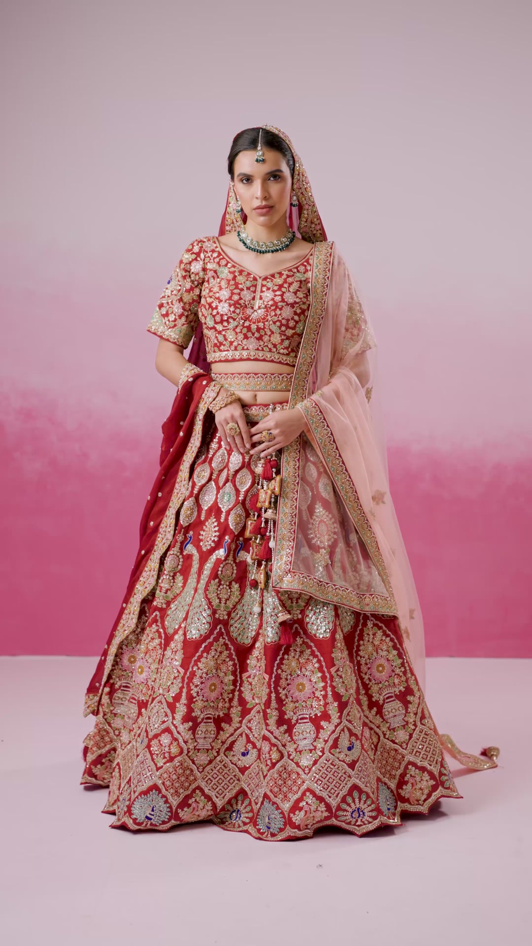 Red - Pure Silk Fully Embroidered Using Moti,Sequin & Multicolor Thread Bridal Semi Stitched Lehenga with Double Dupatta