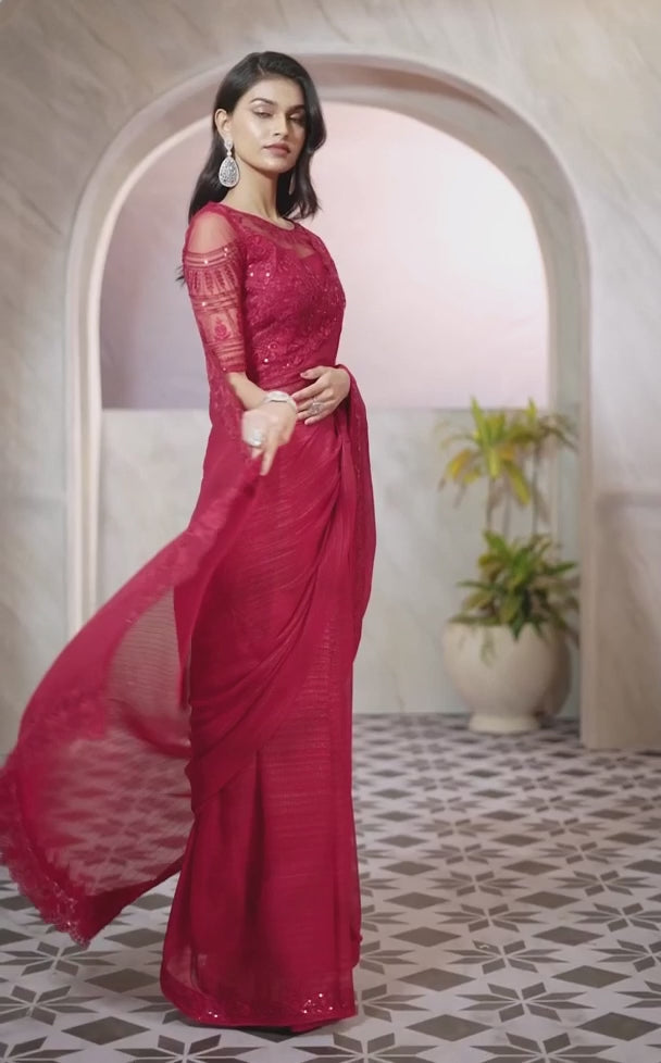 Golden-Shimmer Silk Wedding Saree With Cherry Red Blouse