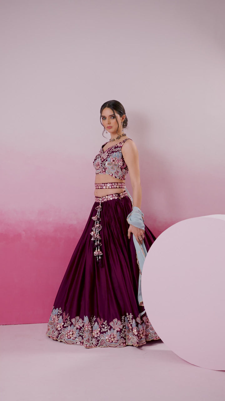 Burgundy - Heavy Embroidered Border Satin Silk Different Color Sequin-Thread Semi-Stitched Lehenga Choli