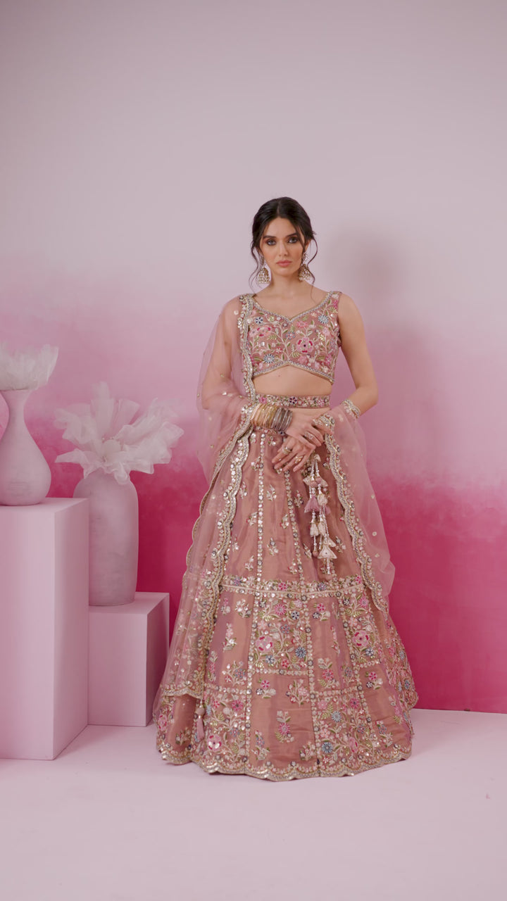 Rose gold Bridel Net Moti, Sequins embroidery Semi-Stitched Bridel Lehenga choli & Dupatta