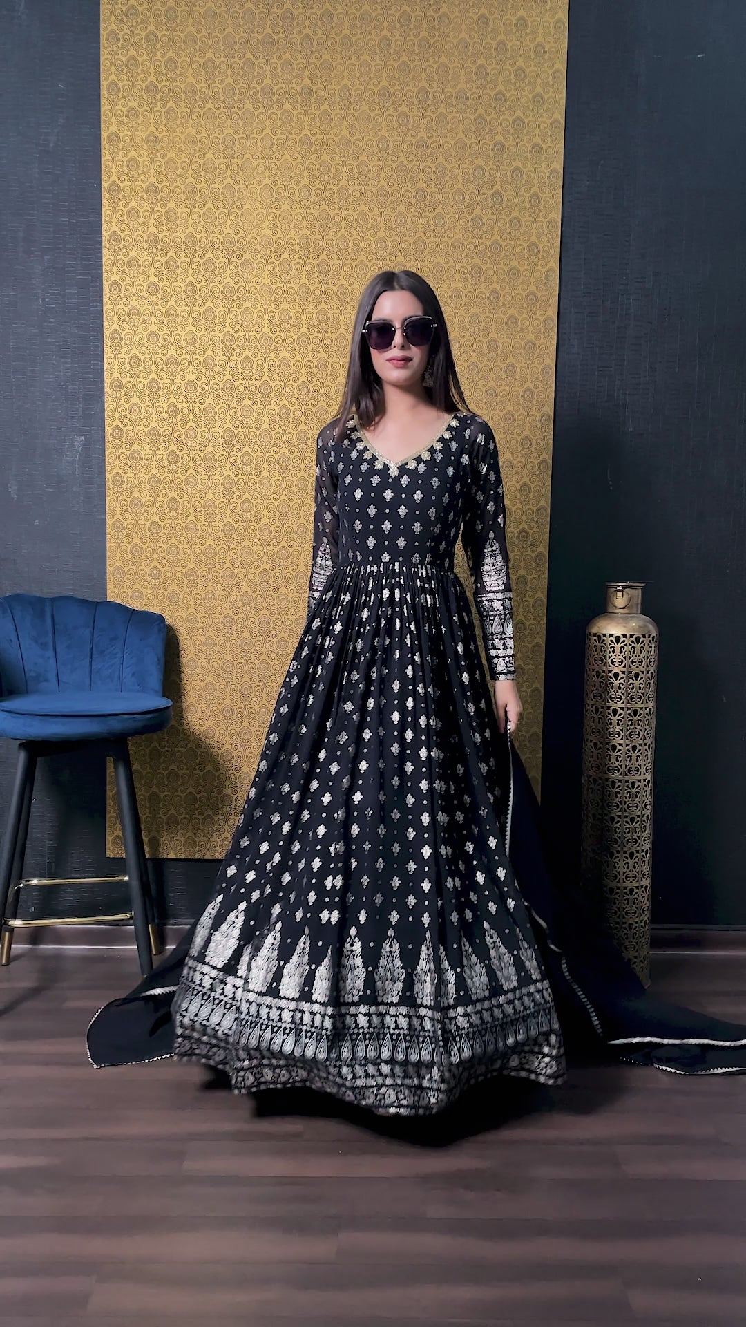 Navy Blue Printed Anarkali Gown With Dupatta