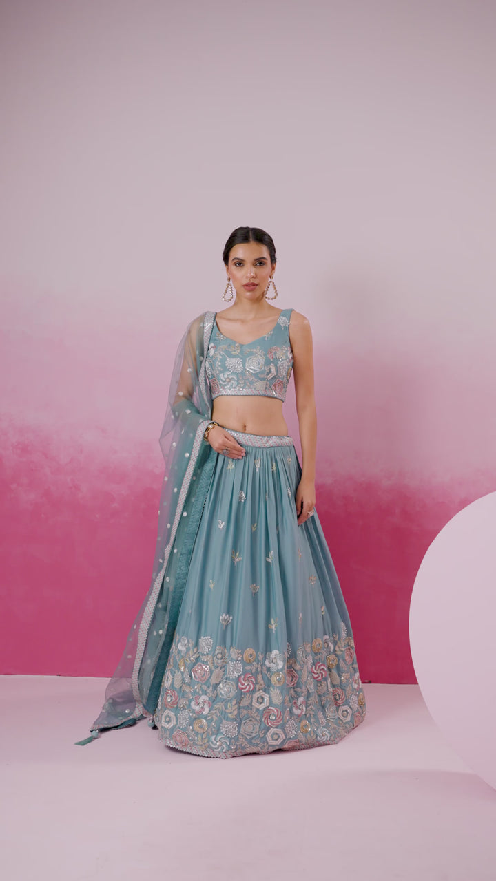 Turquois Blue Pure Georgette Sequins embroidery Semi-Stitched Lehenga choli & Dupatta