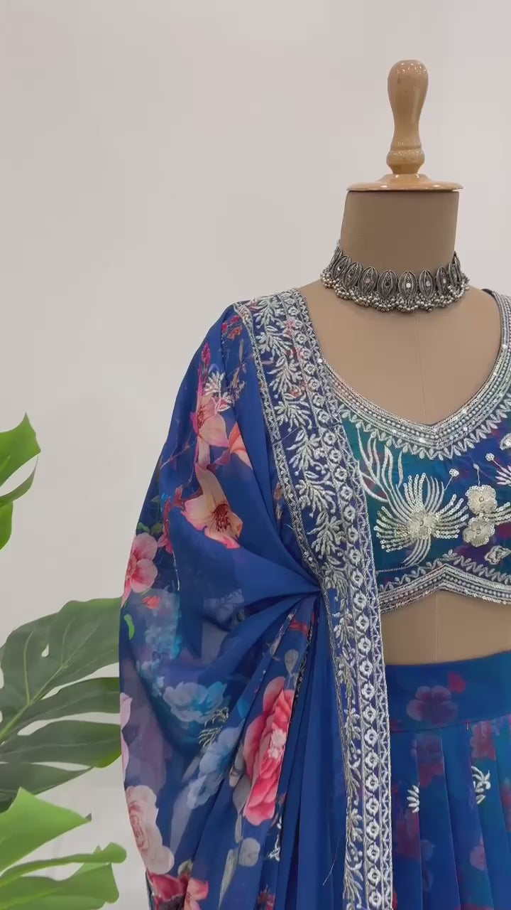 Blue Digital Print Sequin Lehengha Set