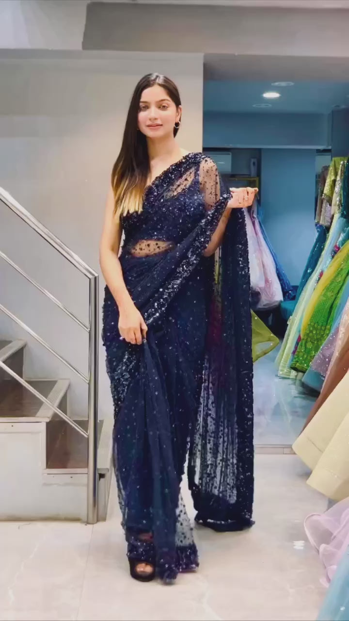 Dark Blue Net saree with hologram sequin & thread work