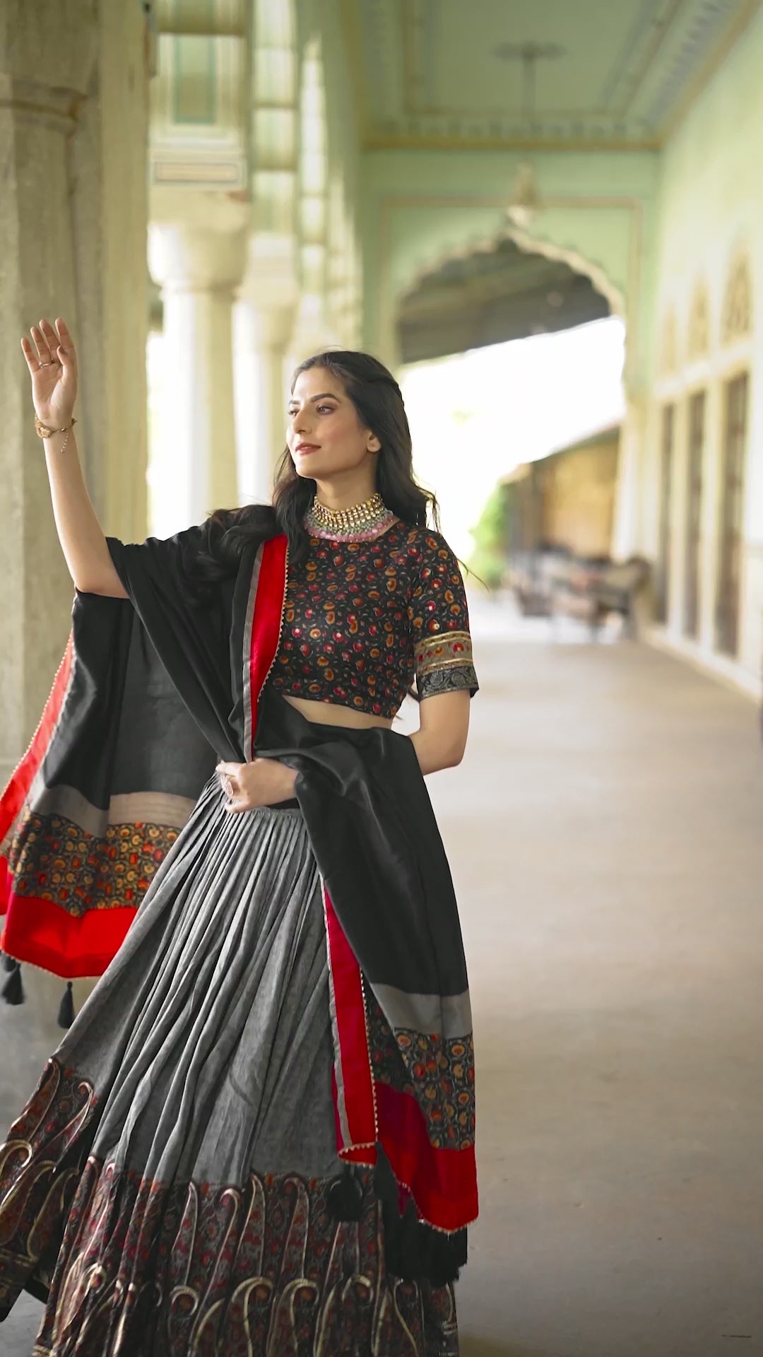 Grey Tussar Silk Kashmiri Print With Foil Print Lehenga