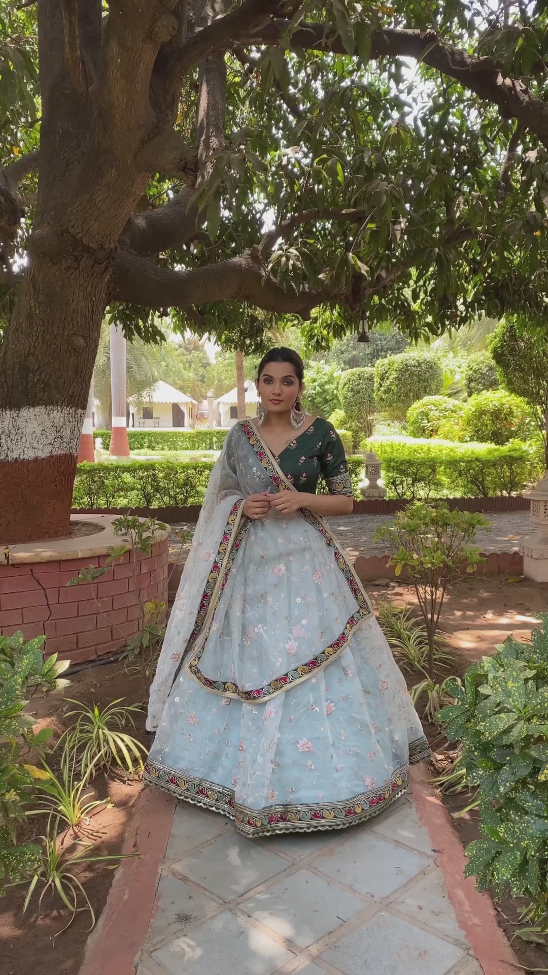 White Color Organza Thread embroidery work with lace border Lehenga