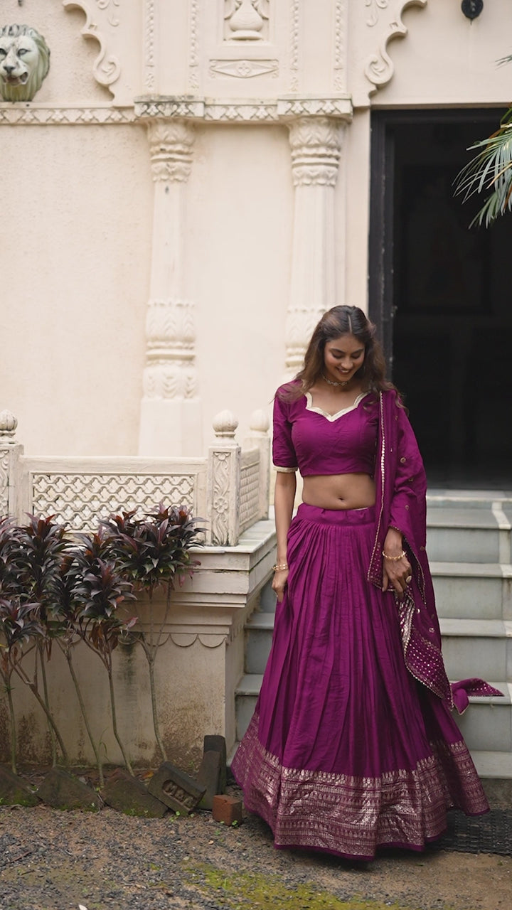 Wine Pure Chanderi Plain With Zari Weaving Work Border Lehenga