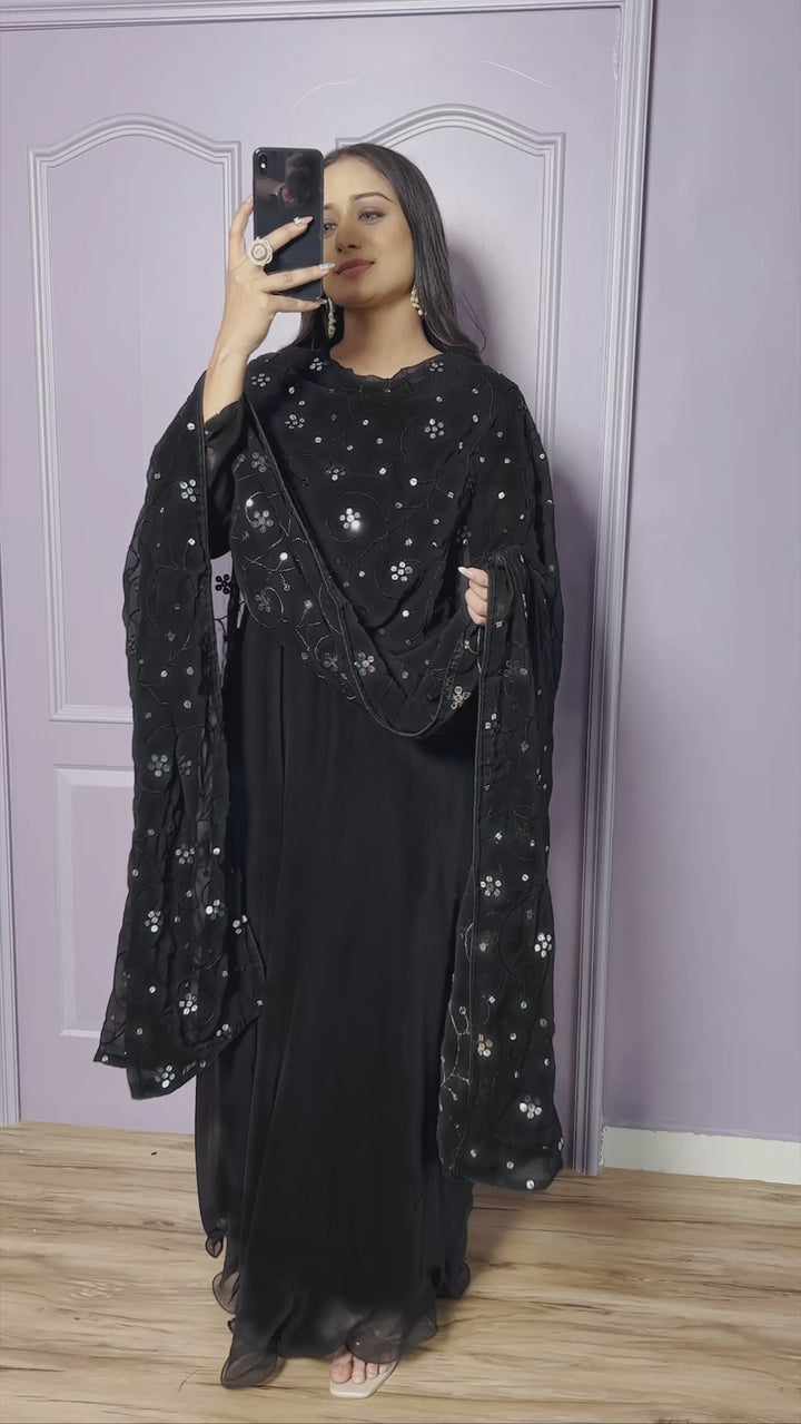 Black Georgette Reception Wear Gown With Dupatta