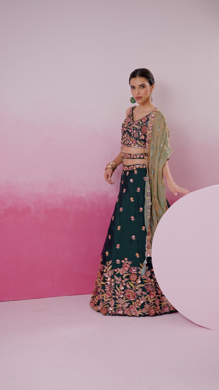 Green colour Chiffon Sequins embroidery Semi-Stitched Lehenga choli & Dupatta