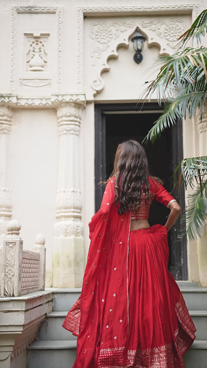 Red Pure Chanderi Plain With Zari Weaving Work Border Lehenga