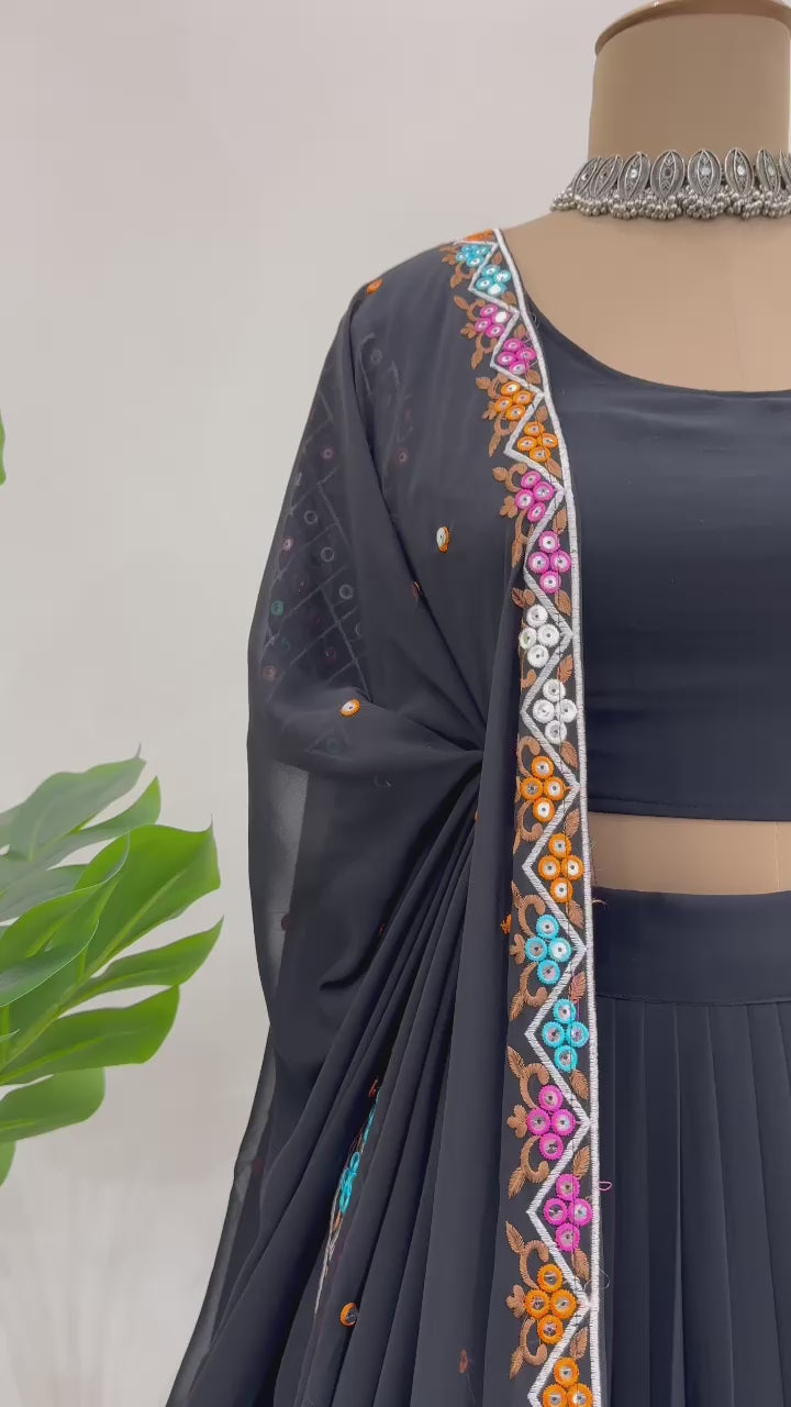 Black Color Foux Gorgette thread with Sequnce with fancy lace broder Lehengha - INSPIRED