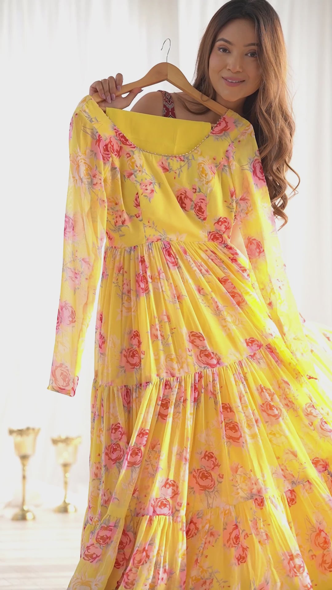 YELLOW HEAVY PURE SOFT FOX GEORGETTE FLORAL PRINT ANARKALI SUIT