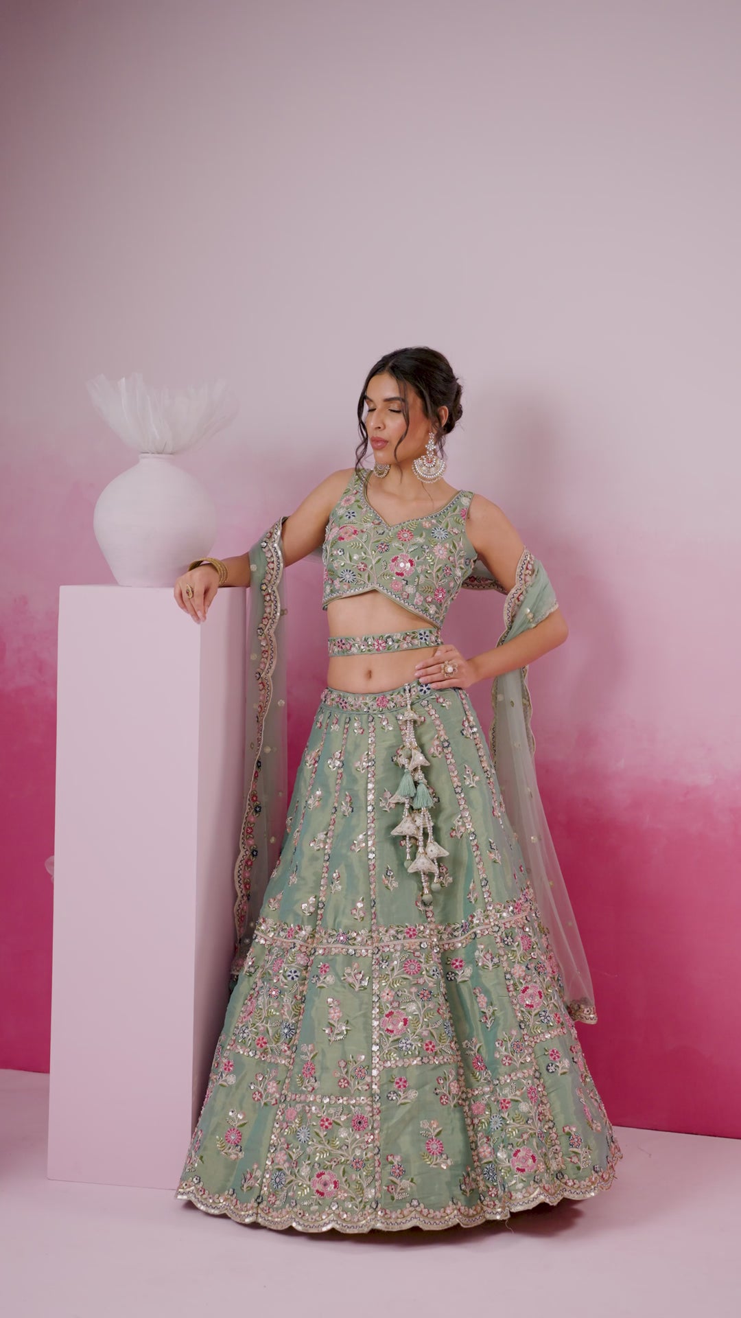 Sea green Bridel Net Moti, Sequins embroidery Semi-Stitched Bridel Lehenga choli & Dupatta