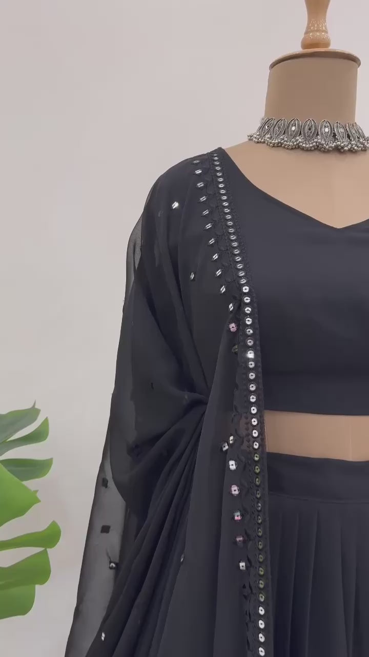 Black Color Foux Gorgette Thread with Sequnce Lehengha - INSPIRED