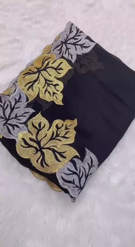 Black Sartin Chiffon Silk  Beautiful Designer jari Thread Embroidery work of Leaf 🍁 Design with Cutwork Border Saree - INSPIRED