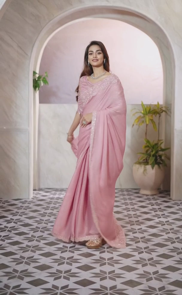 Pastel Pink Shimmer Silk Heavy Embroidered Work Saree With Blouse