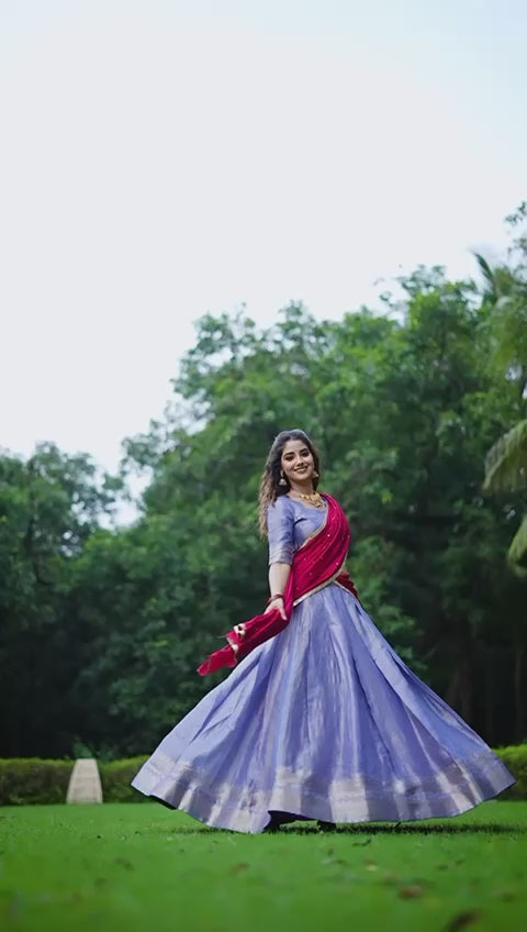 Sea Blue Color Kanchipuram Zari Weaving Work Lehenga