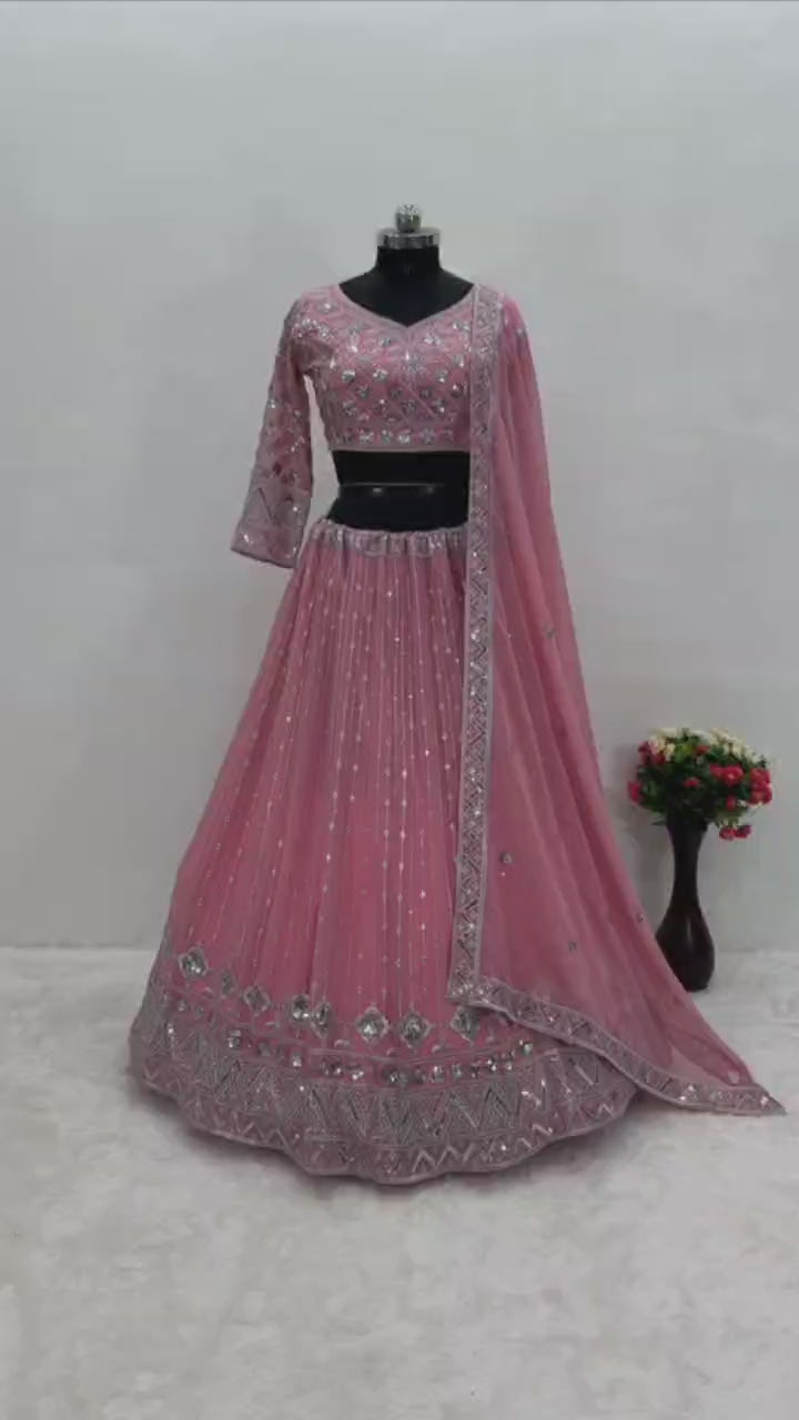 PINK BRIDAL WEAR HEAVY EMBROIDERED SEQUENCE WORK LEHENGAS CHOLI WITH DUPATTA