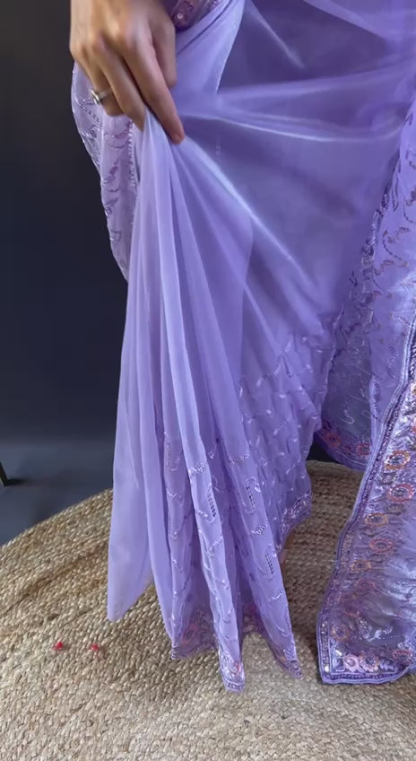 Purple Heavy Twill Net Designer Thread & Sequence Embroidery Work Saree