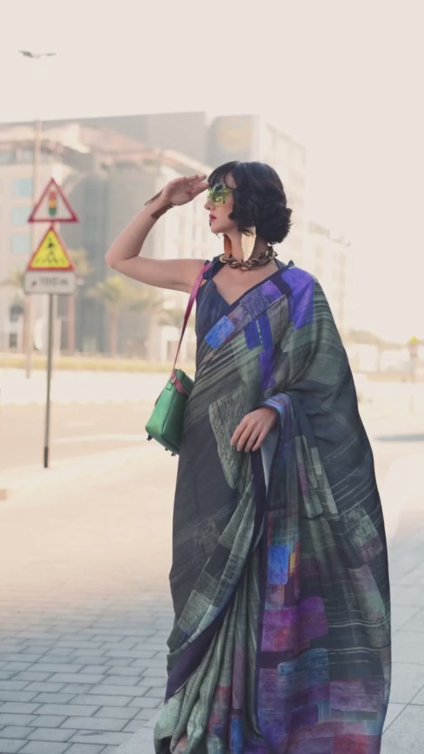 Green Digital Printed Satin Silk Saree