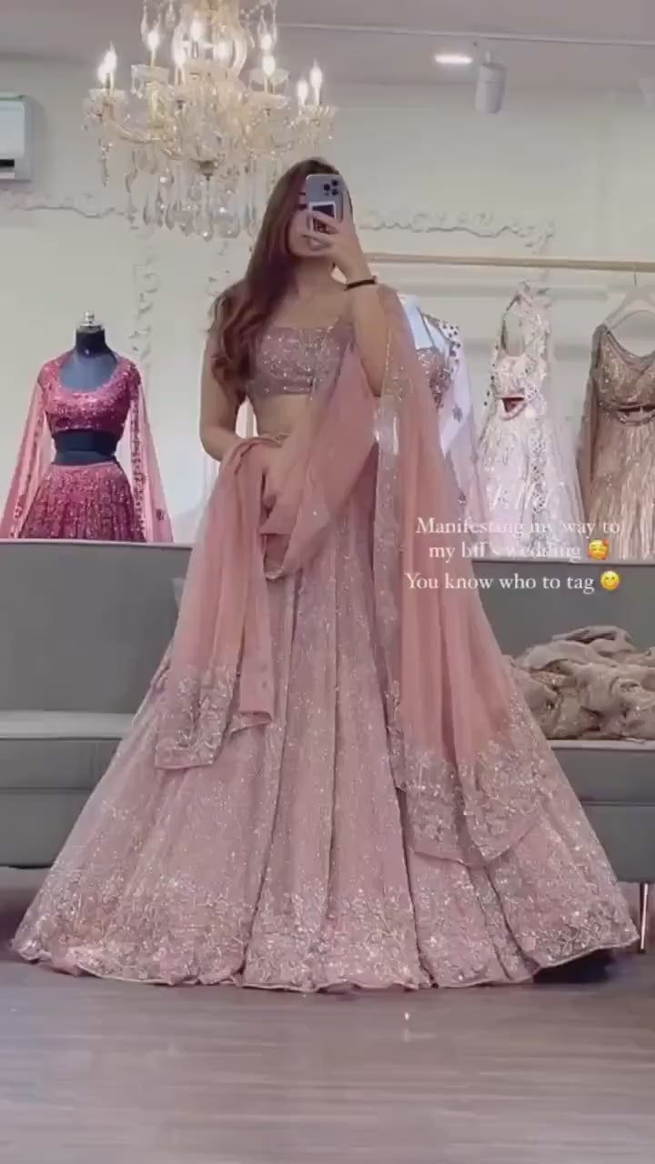 Sabyasachi Designer peach-pink Lehenga Choli Embellished With Beautiful Shimmer Dori Work Wedding Lehenga Choli Party Wear Lehenga Choli (Fully Stitched) - Inspired