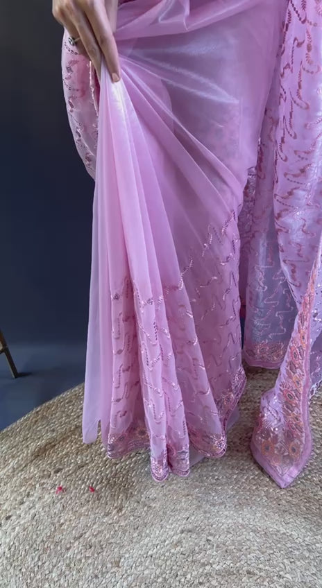 Pink Heavy Twill Net Designer Thread & Sequence Embroidery Work Saree