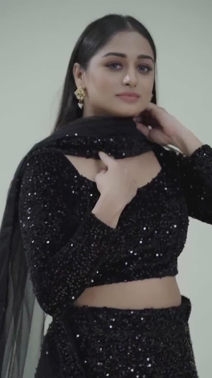 Elegant Black Velvet Lehenga: Dazzling Sequins Work All Over | Ready to wear