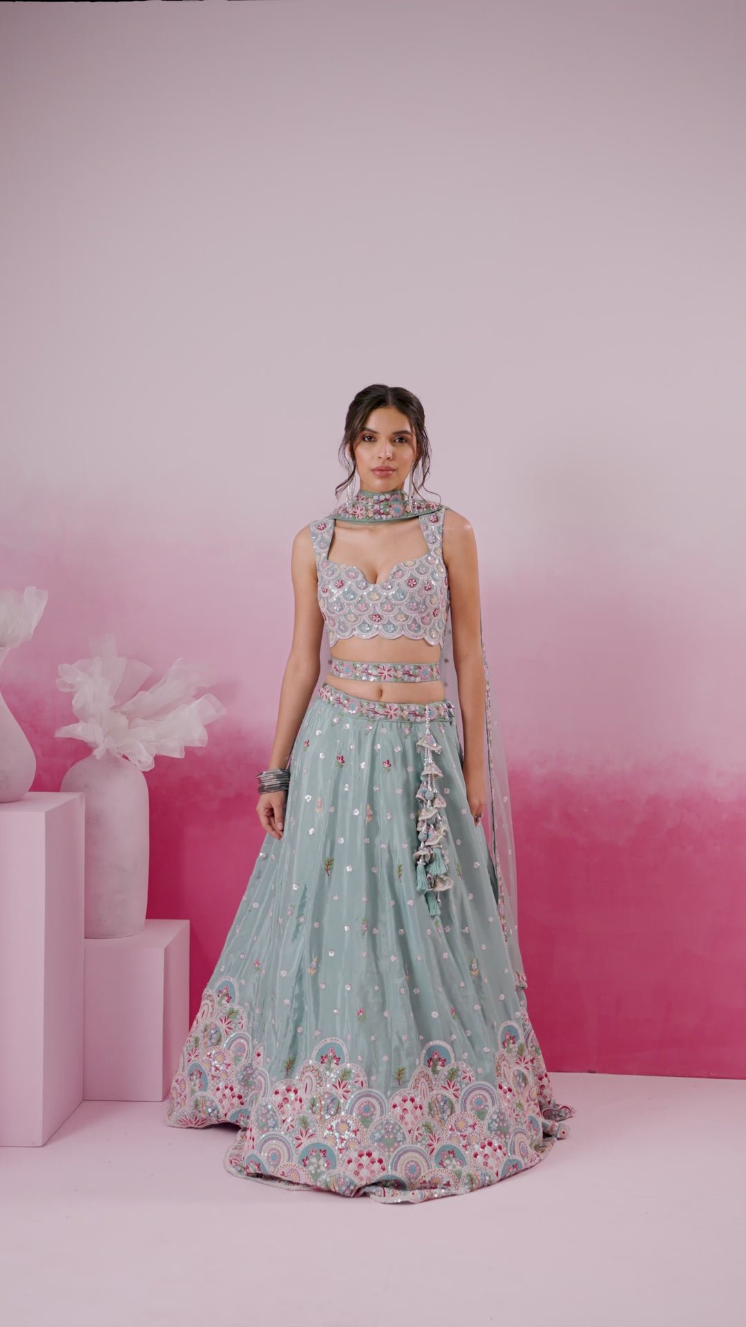 Sea Green Pure Chiffon Sequins and thread embroidery Semi-Stitched Lehenga choli & Dupatta