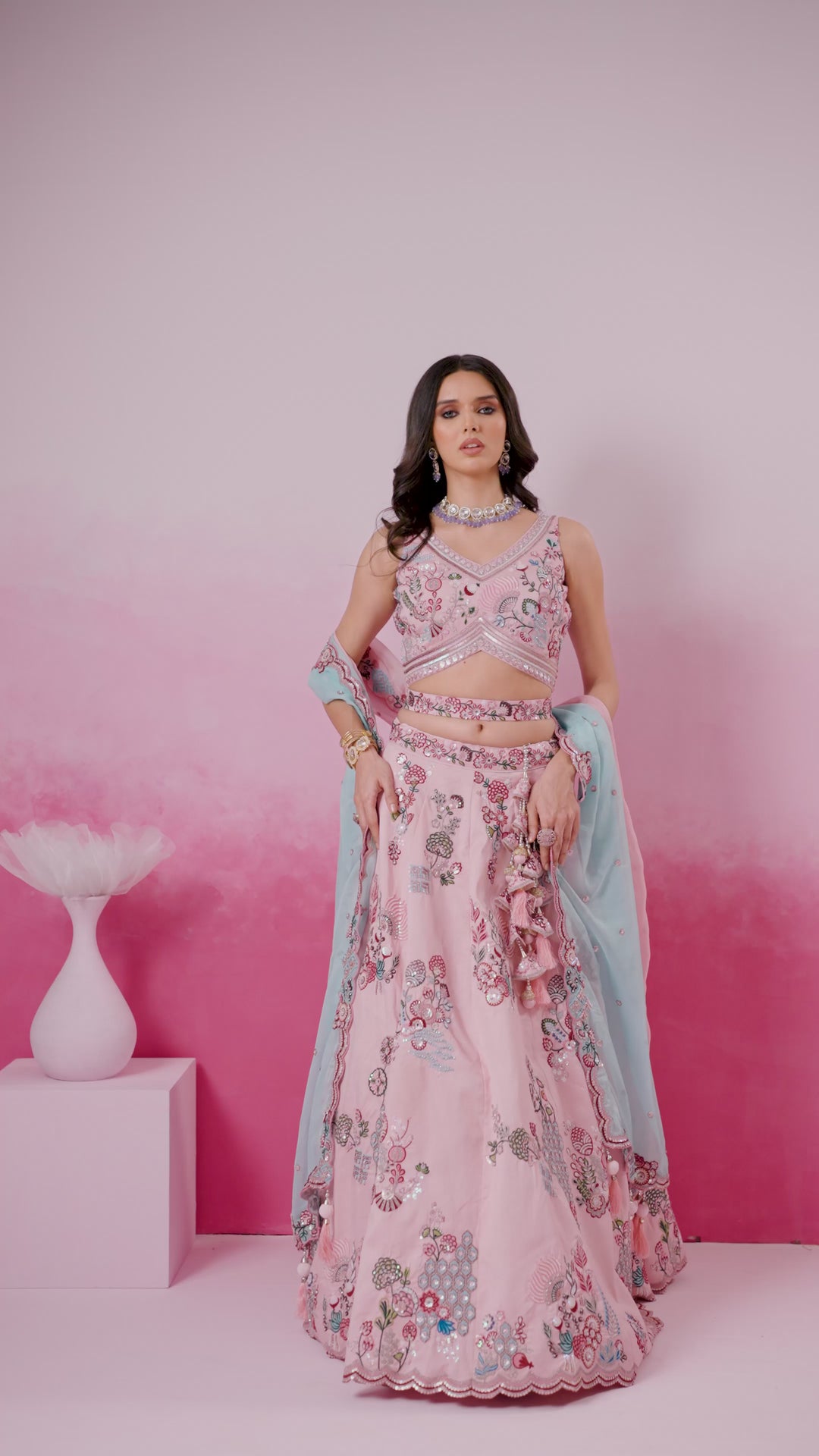 Pink Pure Silk Zarkan, Mirror & heavy Sequin embroidery Semi-Stitched Lehenga choli & Dupatta