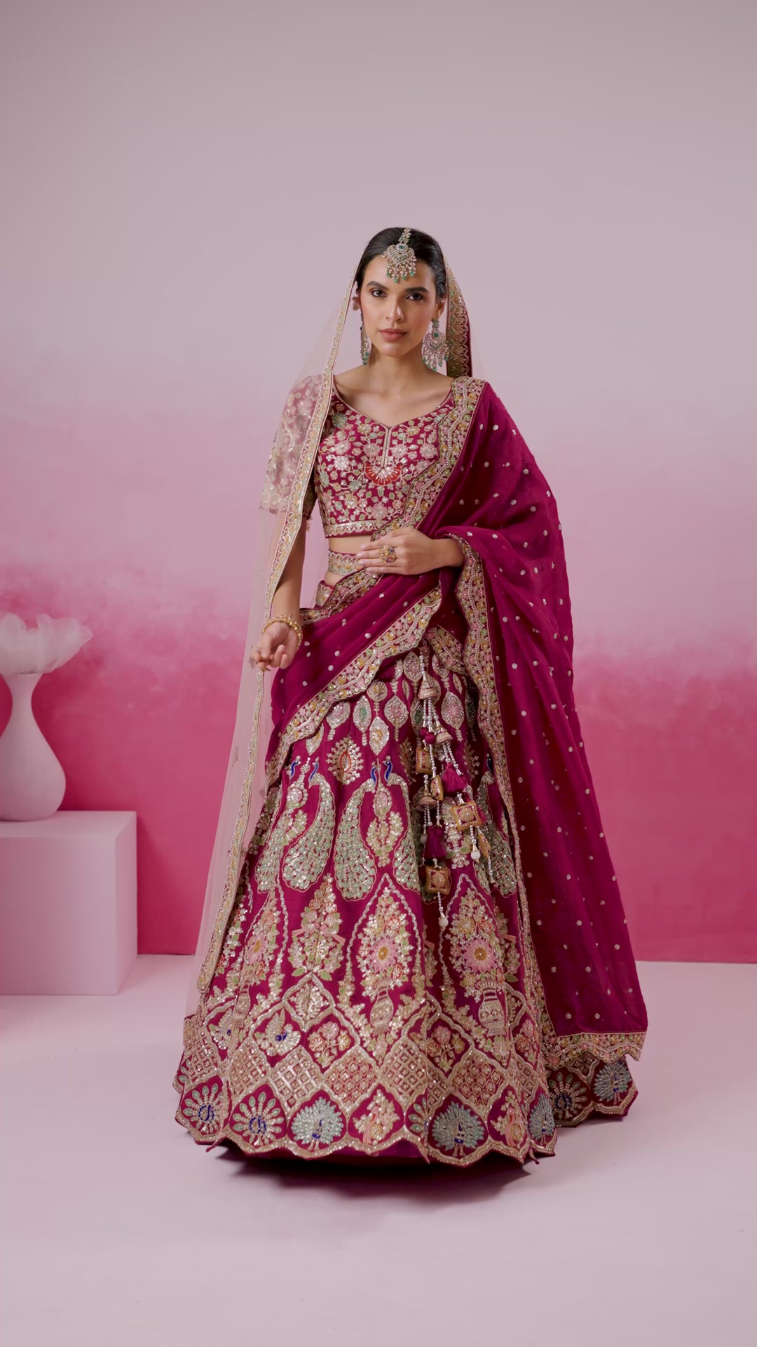 Burgundy - Pure Silk Fully Embroidered Using Moti,Sequin & Multicolor Thread Bridal Semi Stitched Lehenga with Double Dupatta