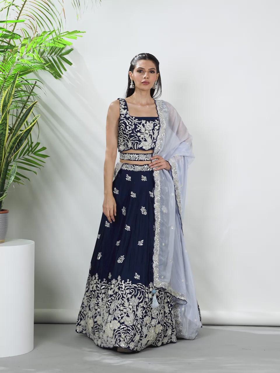 Navy Blue - Pure Georgette White Sequin,White Thread Embroidered Semi-Stitched Lehenga choli