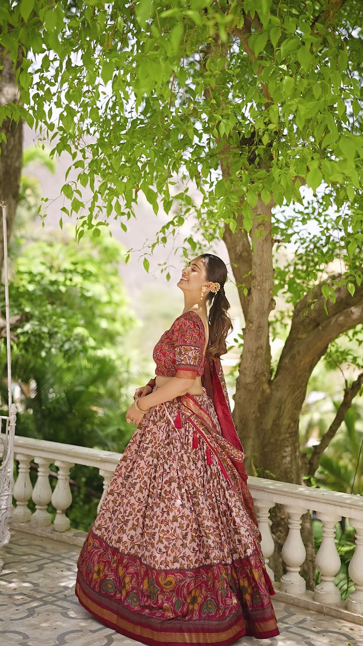 Maroon Tussar Silk Floral Print With Foil Print Lehenga Choli