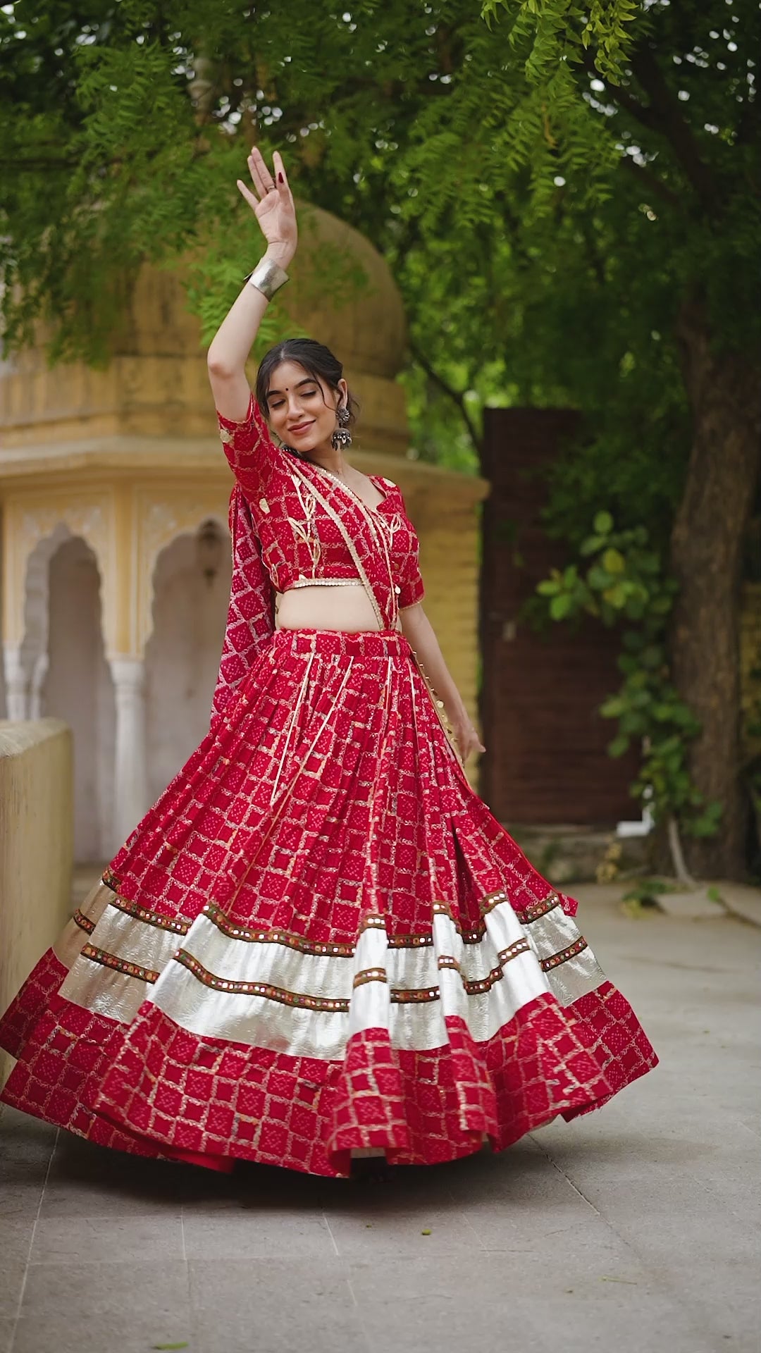 Red Pure Rayon Foil Printed With Gota Patti And Paper Mirror Work Lace Touch Up Lehenga