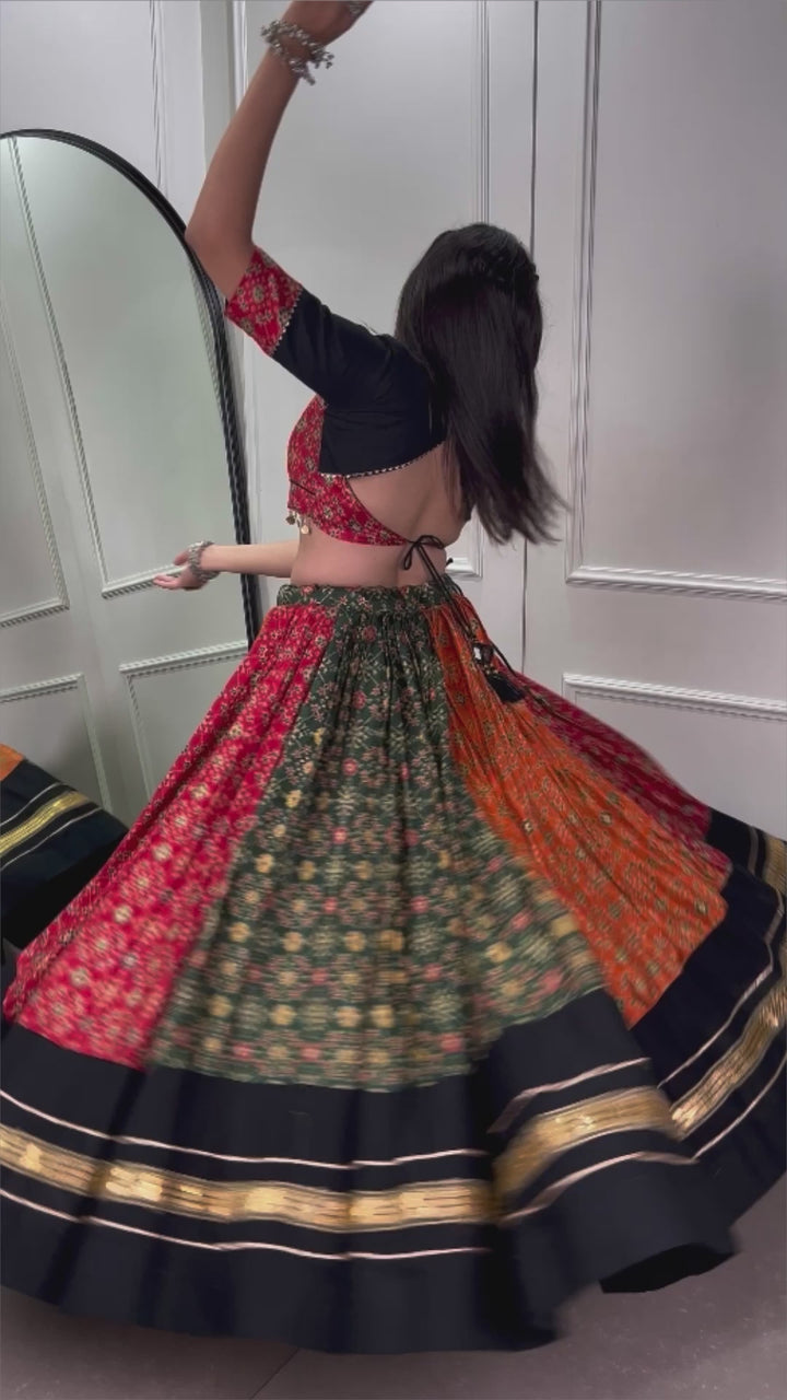 BLACK & ORANGE Dola Silk And Pure Cotton Foil Print With Plain And Sequins Lace Lehenga