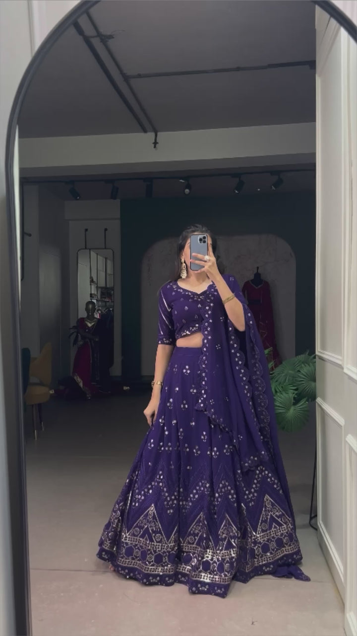 Purple Georgette Sequins and Thread Embroidery Work Lehenga