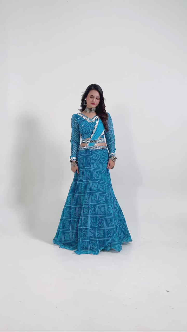 Blue Color Digital print Georgette lehnga with thread , paper mirror & sequins work on waist