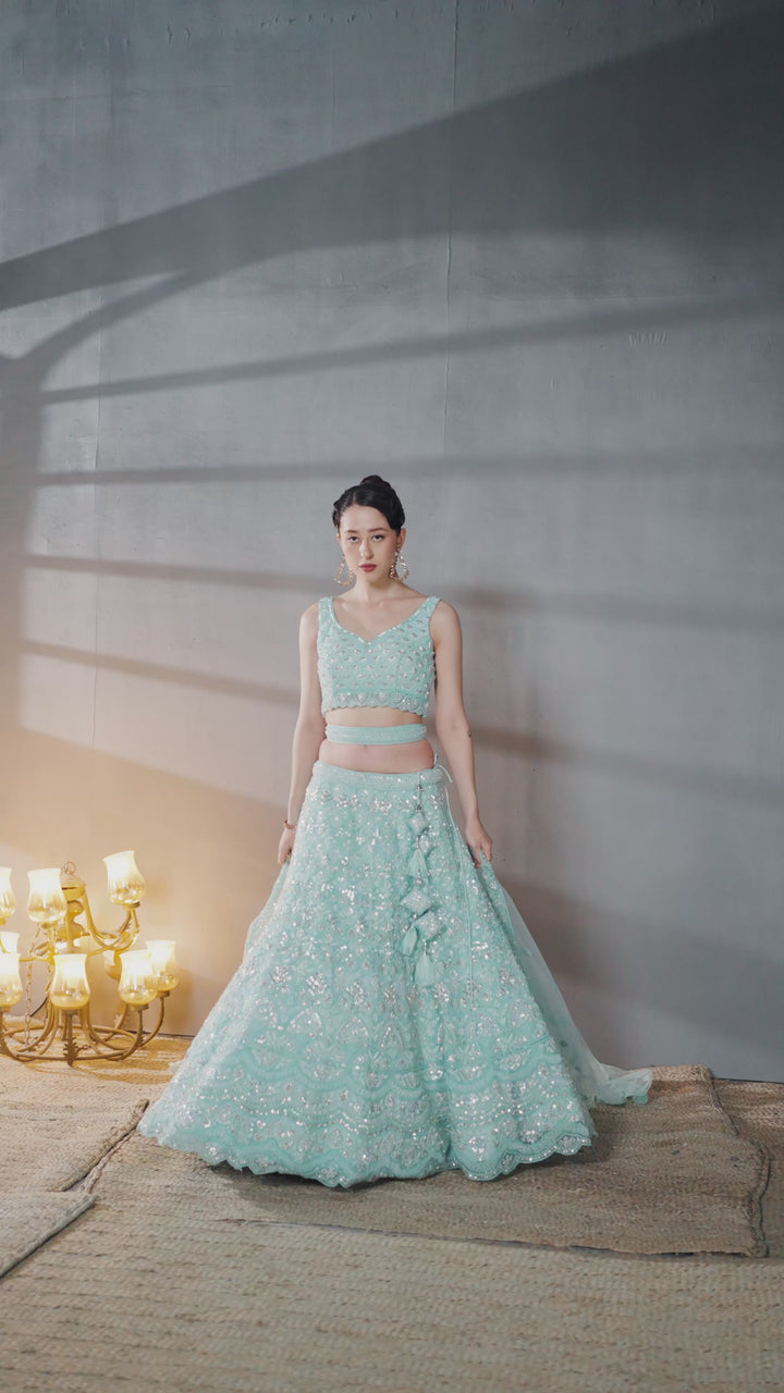 Turquoise blue Net Cutdana, Sequins and Zarkan embroidery Semi-Stitched Lehenga choli & Dupatta