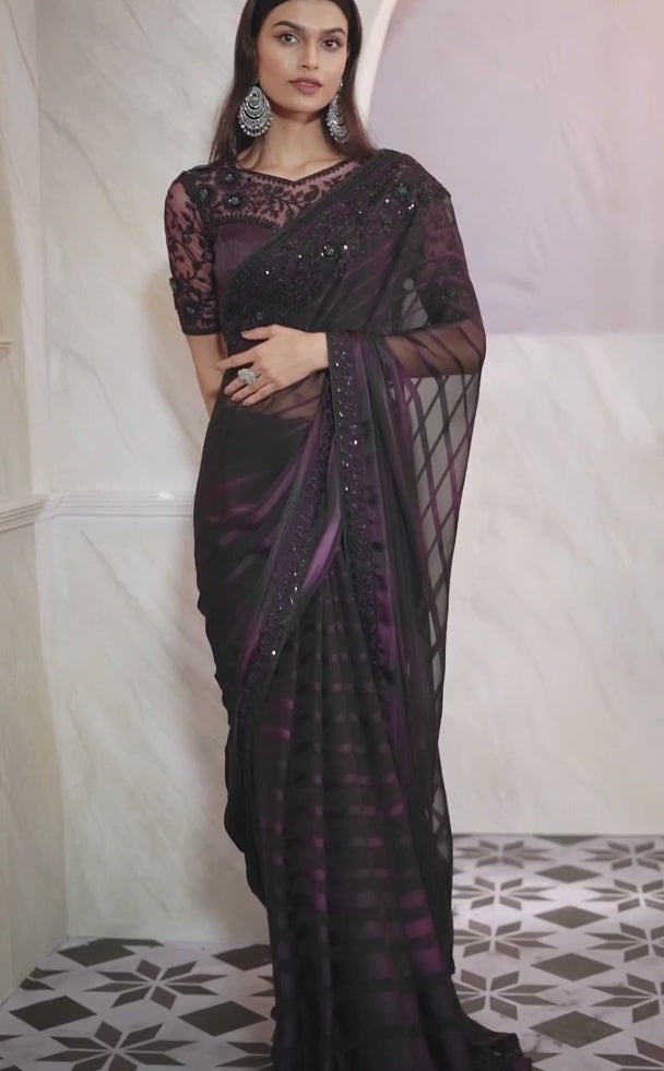 Beautiful Jamun Pattern Silk Dark Purple Saree With Blouse