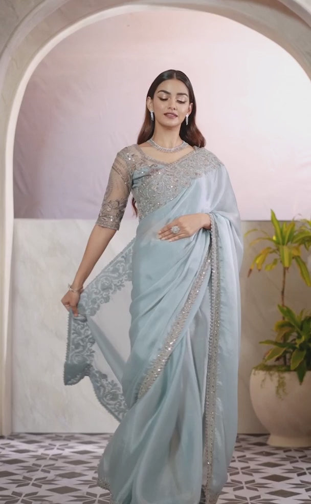 Sea-Green Bridal Saree With Designer Blouse