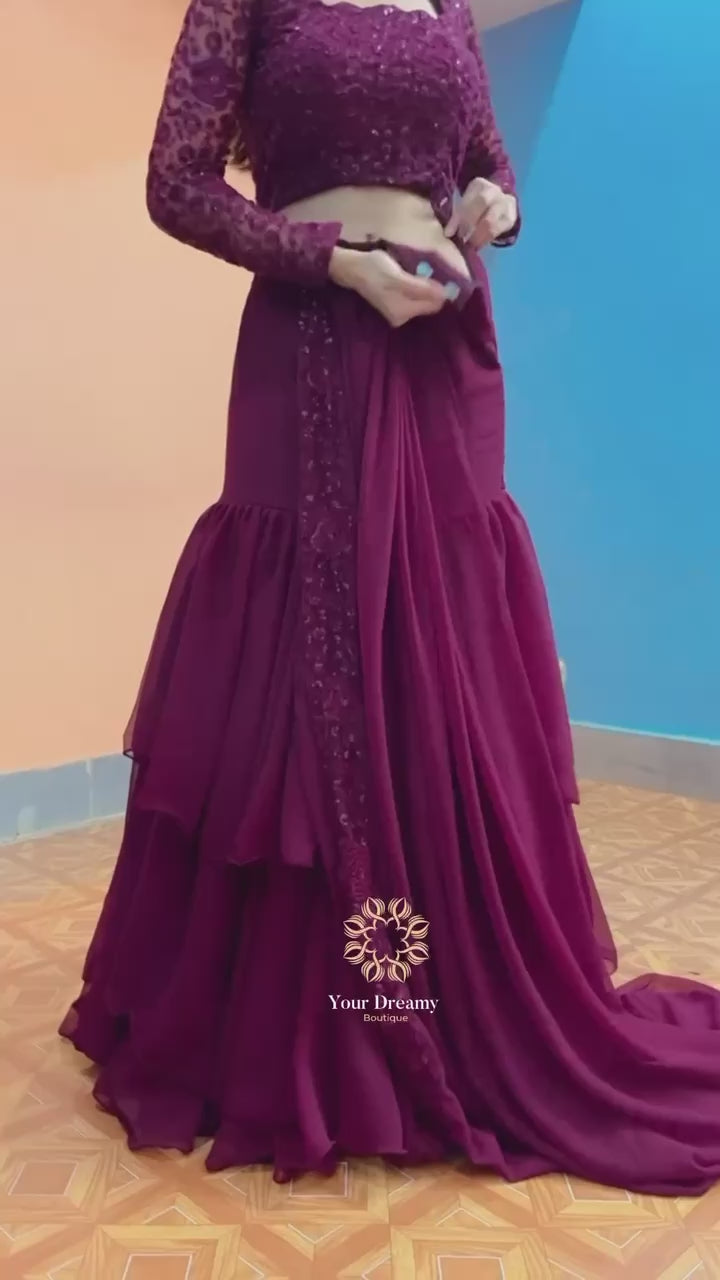 Wine Foux Gorgette Lehenga Saree