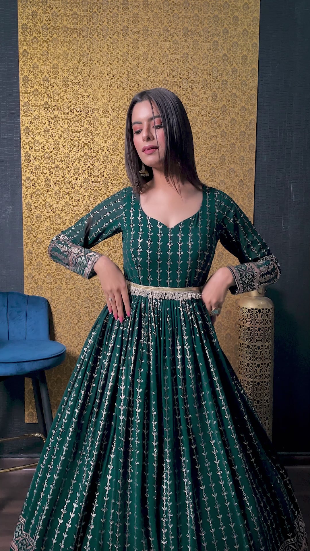 Green Foil Printed Anarkali Gown With Dupatta