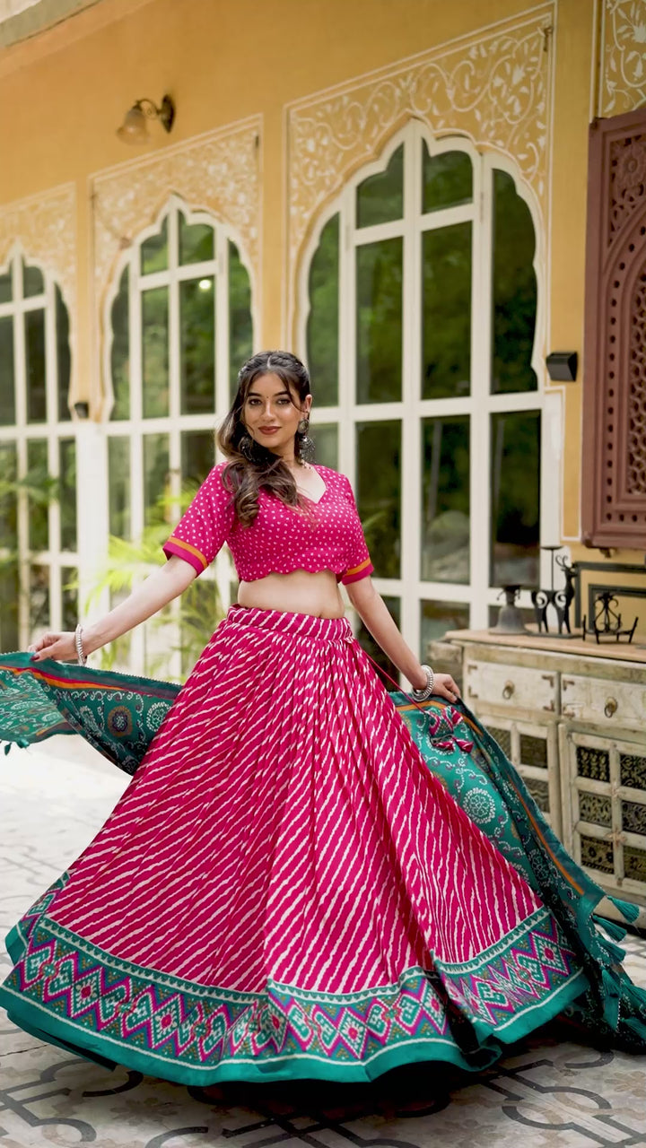 Pink Tussar Silk Leheriya With Patola Print Border Lehenga