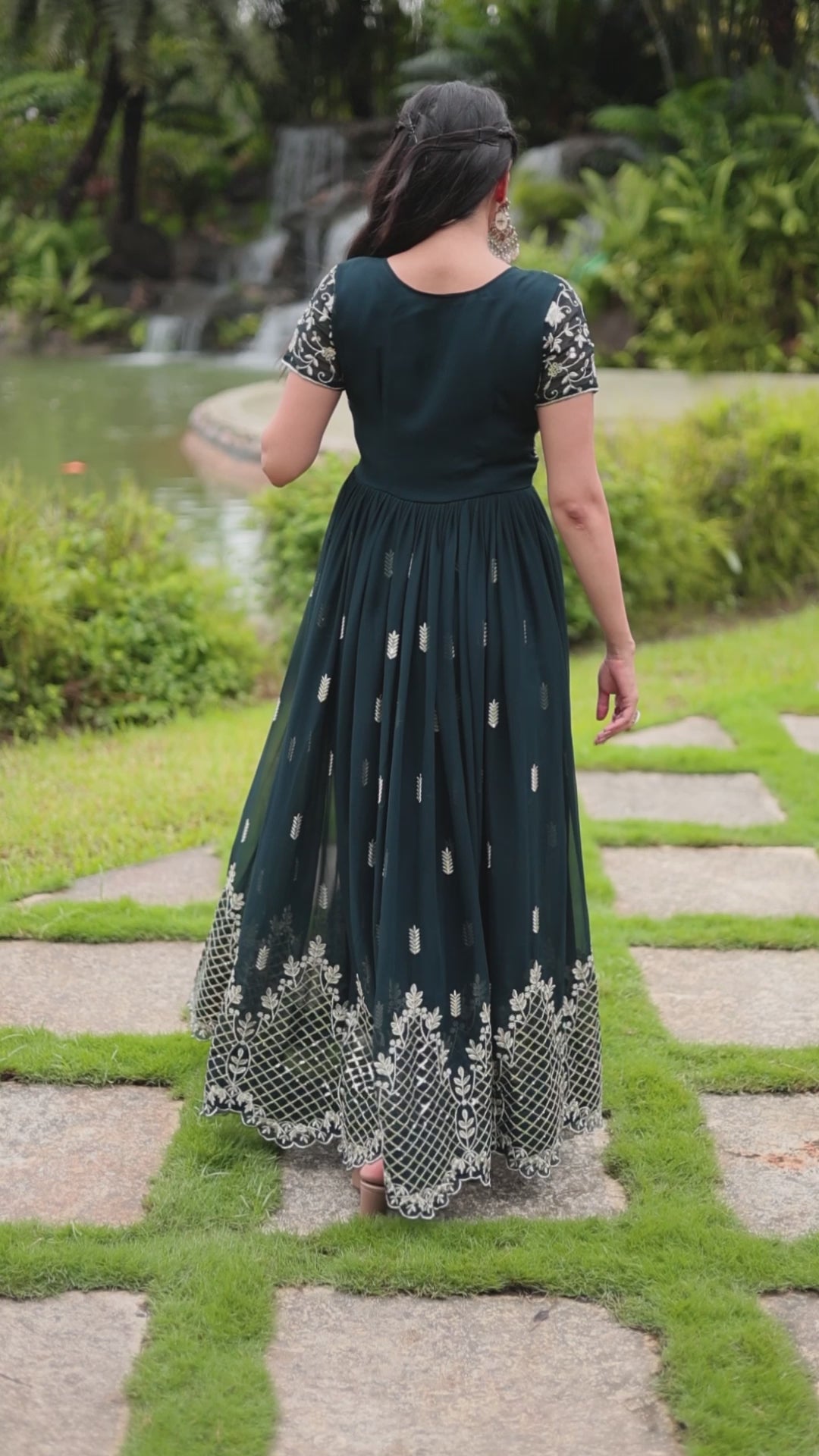 Green Faux Blooming with Embroidery Zari Sequins-work Gown